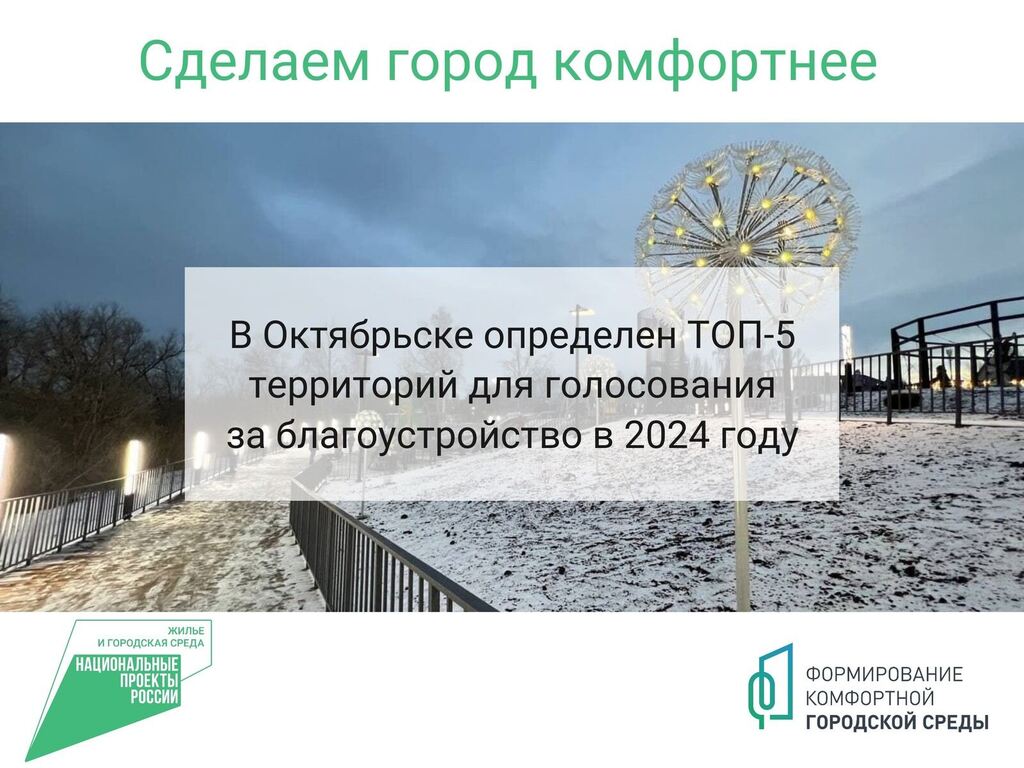 Администрация городского округа Октябрьск Новости - В Октябрьске определен  ТОП-5 общественных пространств для рейтингового голосования за  благоустройство в 2024 году